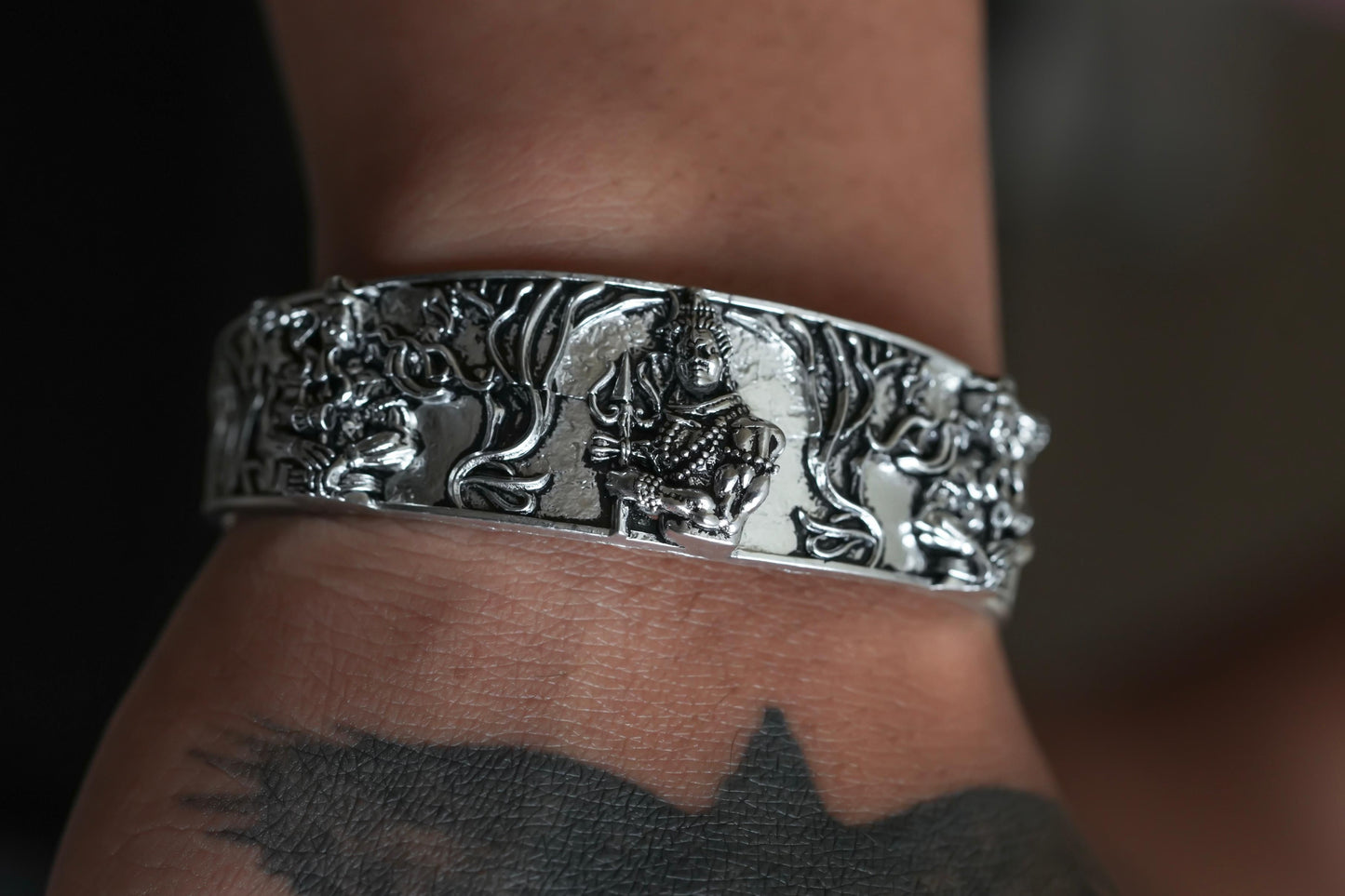 Men’s Oxidized Silver Mahakal Bracelet – Bold & Spiritual